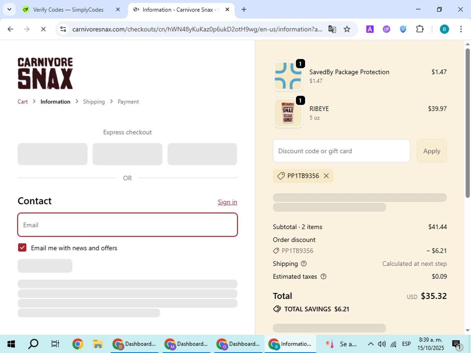 Carnivore Snax discount code screenshot showing code PP1TB9356 applied at Carnivore Snax checkout page. Uploaded by SimplyCodes community member CleverPilot5845 on Oct 15, 2025