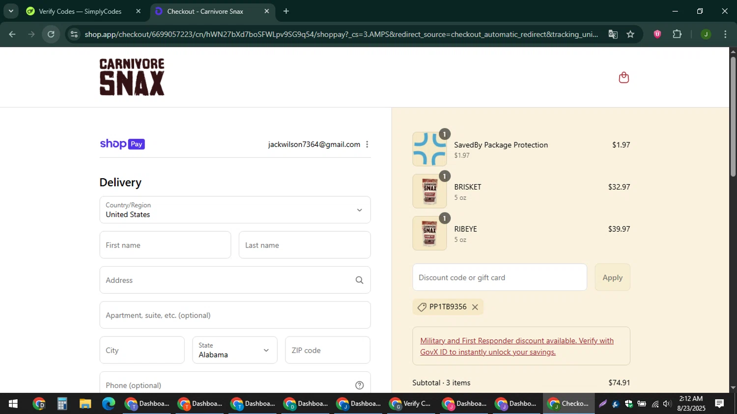 Carnivore Snax discount code screenshot showing code PP1TB9356 applied at Carnivore Snax checkout page. Uploaded by SimplyCodes community member ShieldFinder369 on Aug 23, 2025