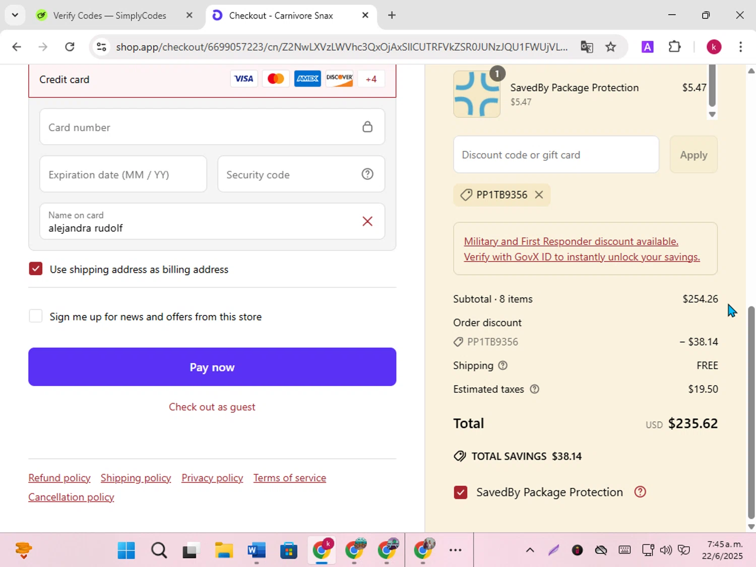 Carnivore Snax discount code screenshot showing code PP1TB9356 applied at Carnivore Snax checkout page. Uploaded by SimplyCodes community member karoline on Jun 22, 2025