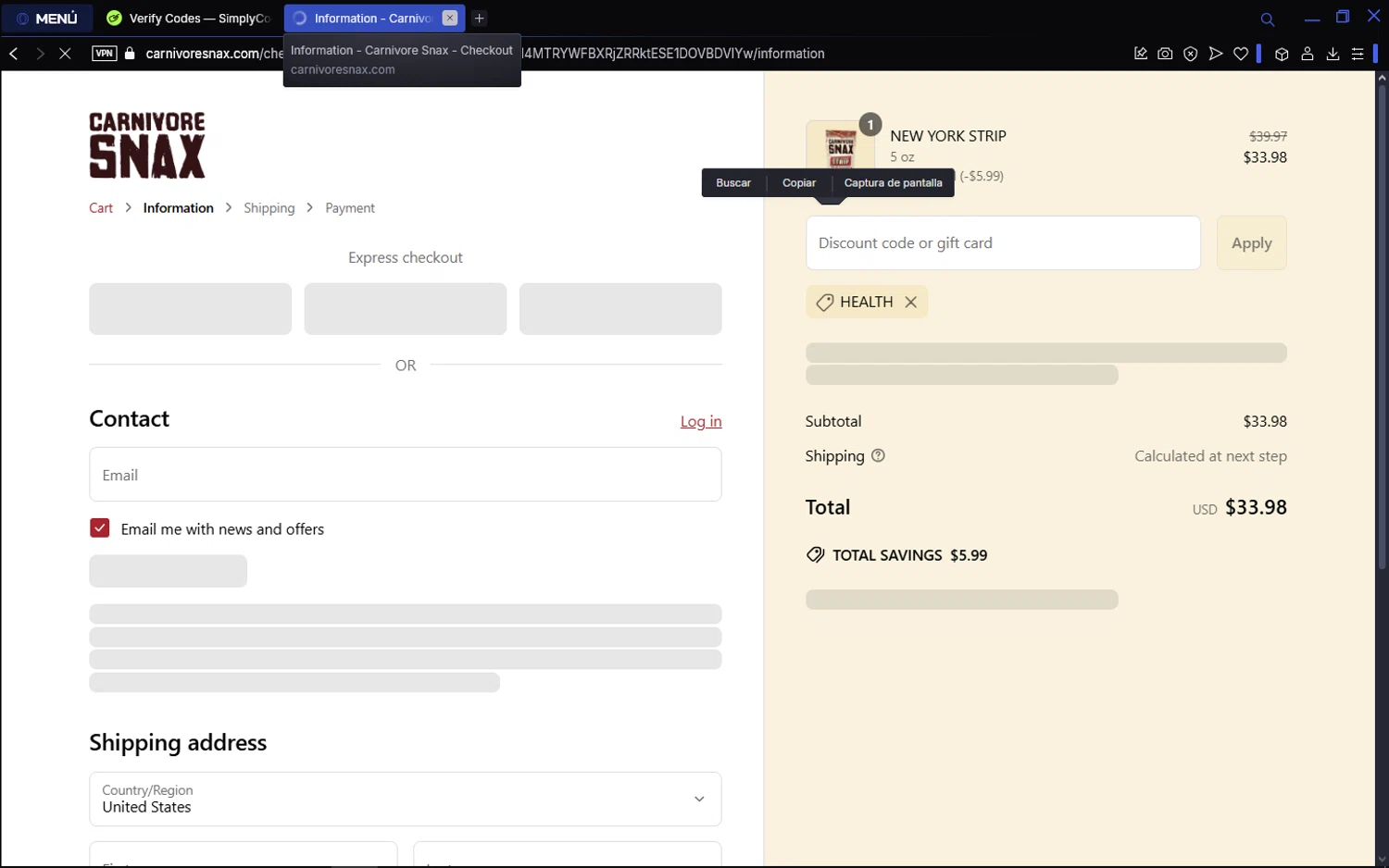 Carnivore Snax discount code screenshot showing code HEALTH applied at Carnivore Snax checkout page. Uploaded by SimplyCodes community member fuguettt on Apr 7, 2025