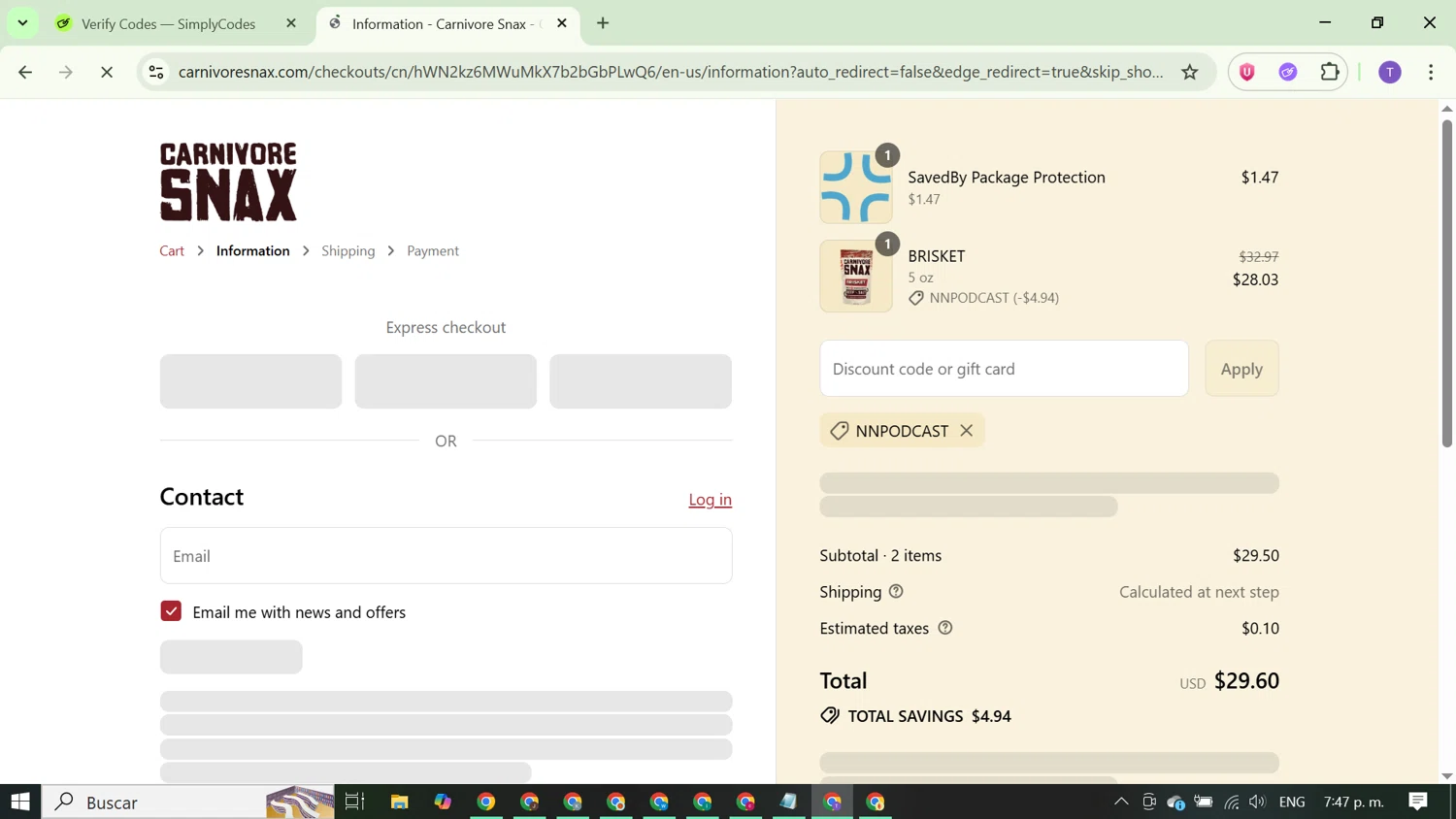 Carnivore Snax discount code screenshot showing code NNPODCAST applied at Carnivore Snax checkout page. Uploaded by SimplyCodes community member FortunateCurator5882 on Sep 8, 2025