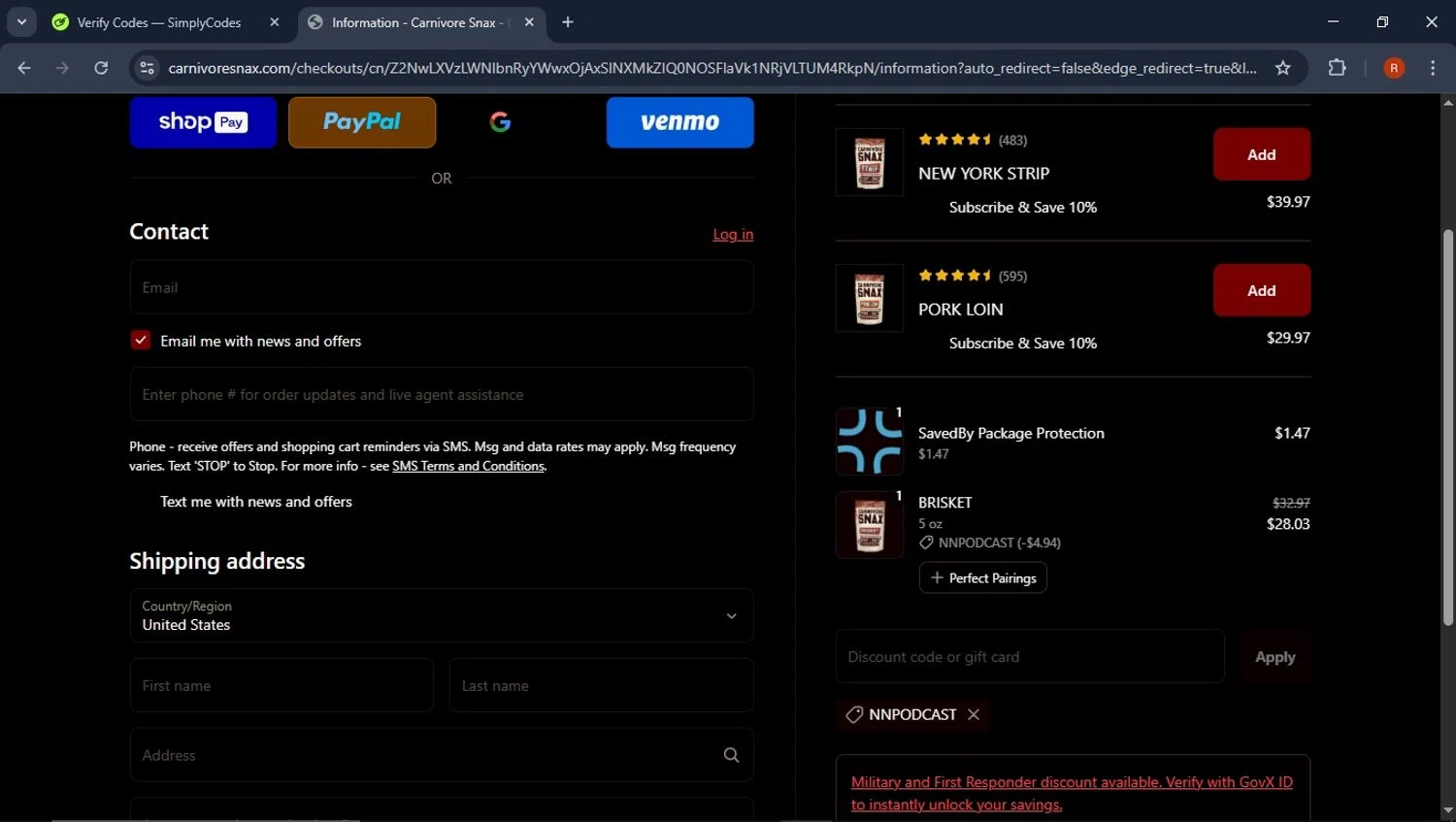 Carnivore Snax discount code screenshot showing code NNPODCAST applied at Carnivore Snax checkout page. Uploaded by SimplyCodes community member CoinPro7401 on Apr 27, 2025