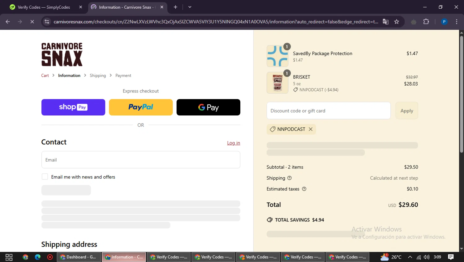 Carnivore Snax discount code screenshot showing code NNPODCAST applied at Carnivore Snax checkout page. Uploaded by SimplyCodes community member QuestExpert3096 on May 16, 2025