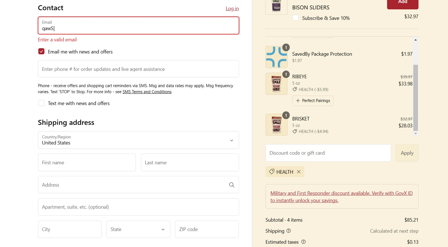 Carnivore Snax discount code screenshot showing code HEALTH applied at Carnivore Snax checkout page. Uploaded by SimplyCodes community member jade5416625024720 on Feb 26, 2025