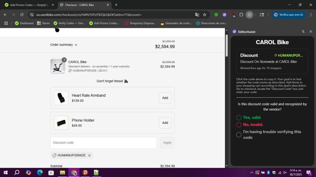 CAROL Bike checkout page showing CAROL Bike discount code box | Screenshot taken by SimplyCodes community member on Jul 30, 2025