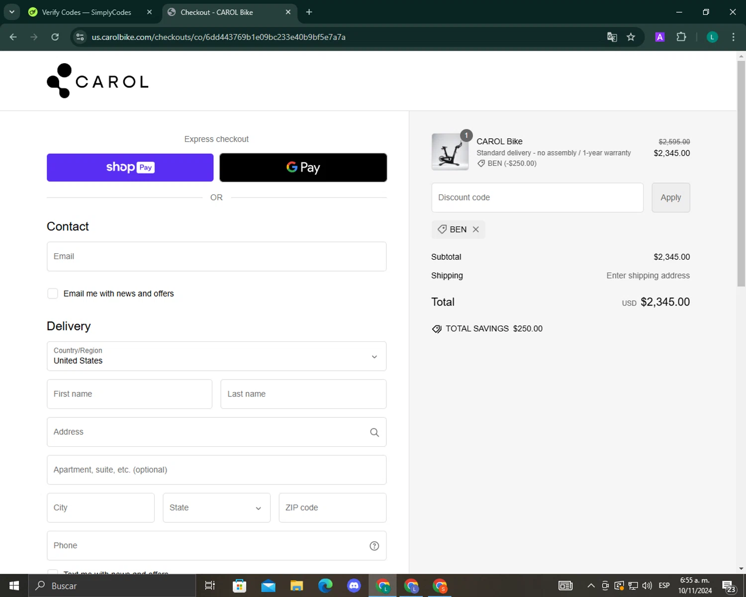 where to use CAROL promo code box