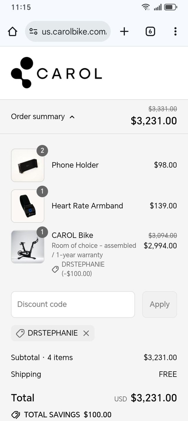 CAROL Bike checkout page showing CAROL Bike discount code box | Screenshot taken by SimplyCodes community member on Aug 1, 2025