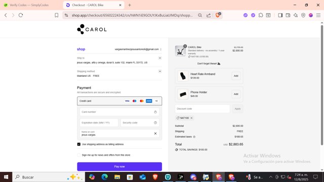 CAROL Bike checkout page showing CAROL Bike discount code box | Screenshot taken by SimplyCodes community member on Aug 12, 2025