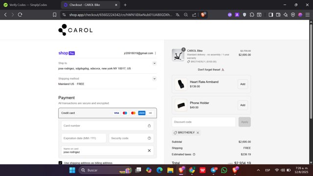 CAROL Bike checkout page showing CAROL Bike discount code box | Screenshot taken by SimplyCodes community member on Aug 12, 2025