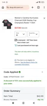 Carolina Hurricanes Shop coupon verification screenshot