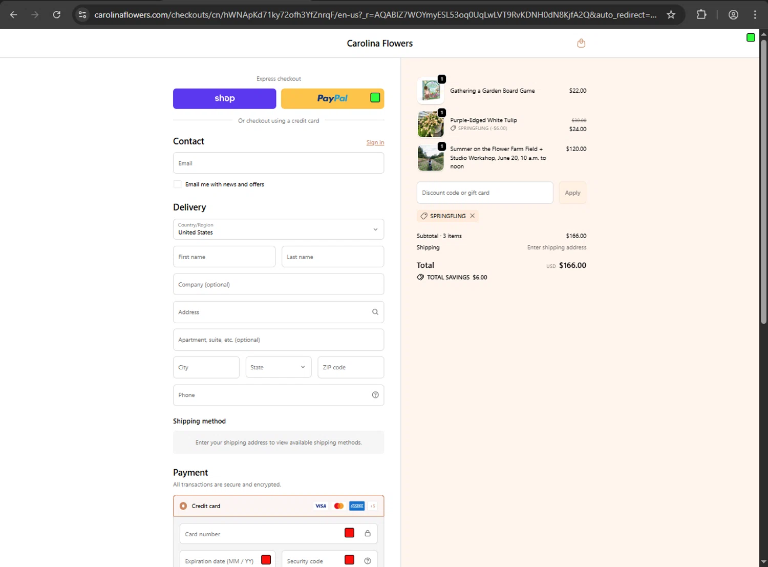 Carolina Flowers promo code screenshot showing code SPRINGFLING applied at Carolina Flowers checkout page. Uploaded by SimplyCodes community member CashCaptain2333 on Apr 9, 2026