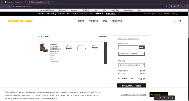 Carolina Footwear checkout page showing Carolina Footwear promo code box | Screenshot taken by SimplyCodes community member on Jun 12, 2025