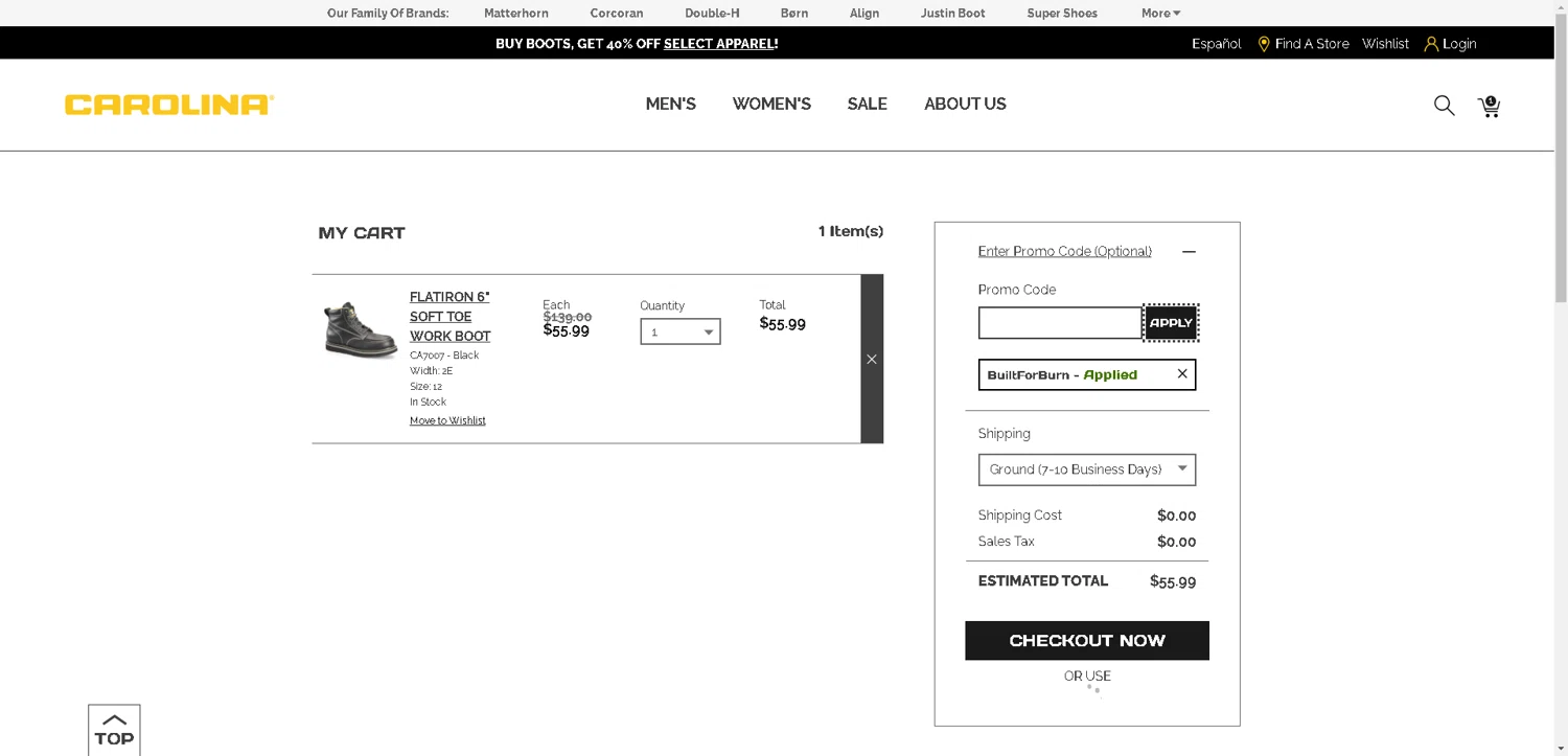 Carolina Footwear promo code screenshot showing code BuiltForBurn applied at Carolina Footwear checkout page. Uploaded by SimplyCodes community member PrimeSentinel4675 on Aug 17, 2025