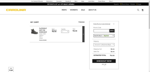 Carolina Footwear checkout page showing Carolina Footwear promo code box | Screenshot taken by SimplyCodes community member on Aug 17, 2025