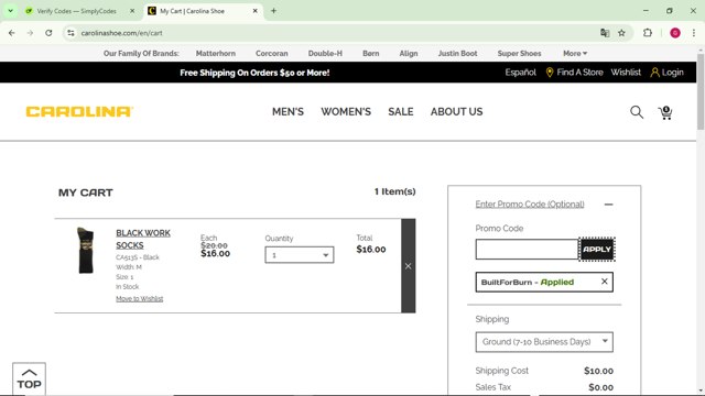 Carolina Footwear checkout page showing Carolina Footwear promo code box | Screenshot taken by SimplyCodes community member on Feb 13, 2025