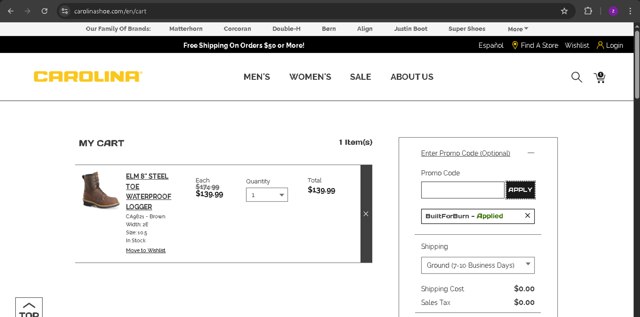 Carolina Footwear checkout page showing Carolina Footwear promo code box | Screenshot taken by SimplyCodes community member on Apr 9, 2025