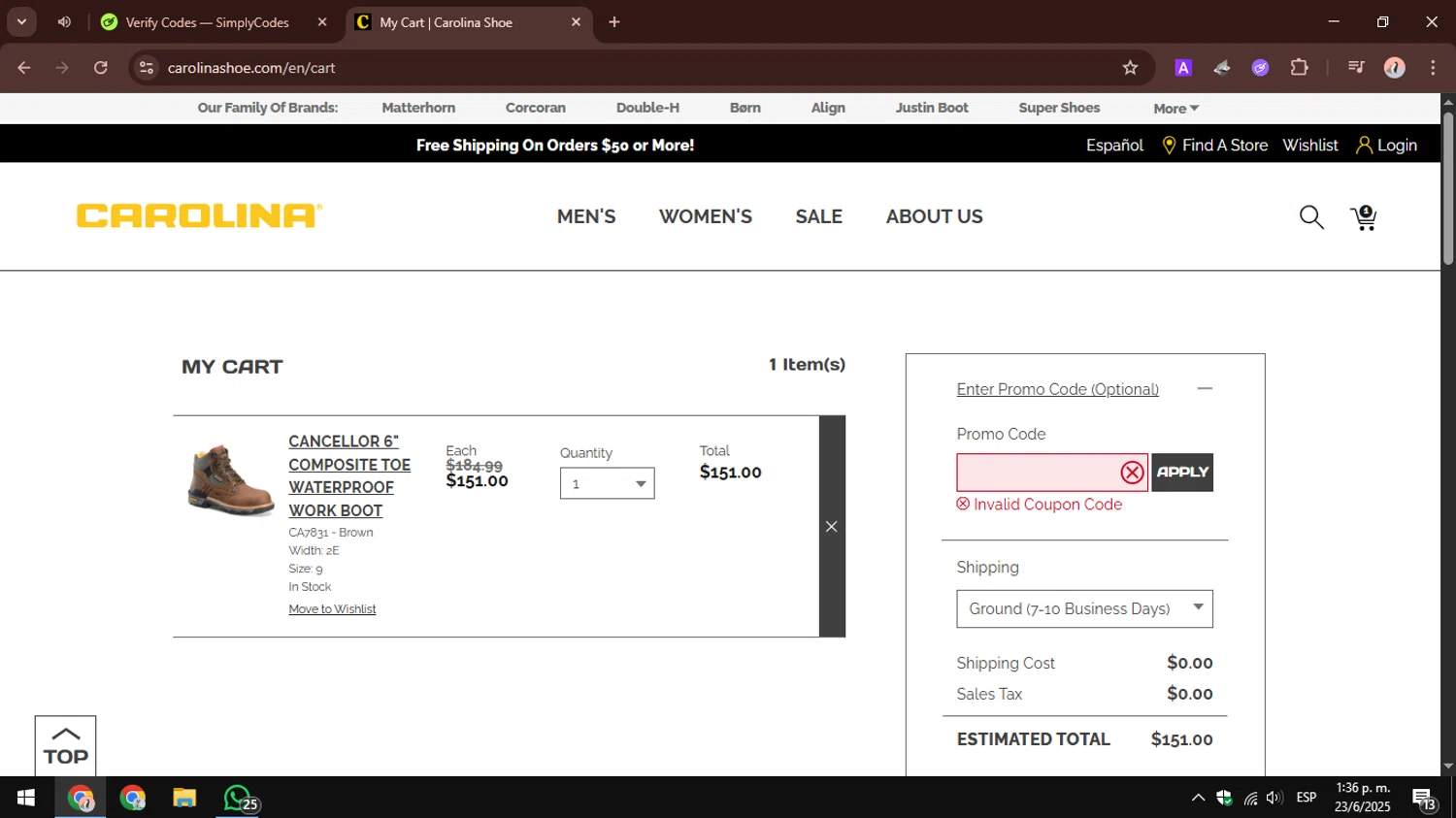 Carolina Footwear promo code screenshot showing code JACKMAN20 applied at Carolina Footwear checkout page. Uploaded by SimplyCodes community member AbusaGordas on Jun 23, 2025