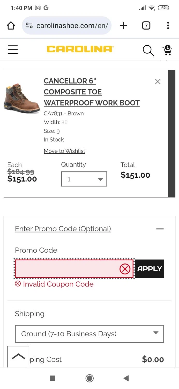 Carolina Footwear promo code screenshot showing code JACKMAN20 applied at Carolina Footwear checkout page. Uploaded by SimplyCodes community member MightyBoss9975 on Jun 23, 2025