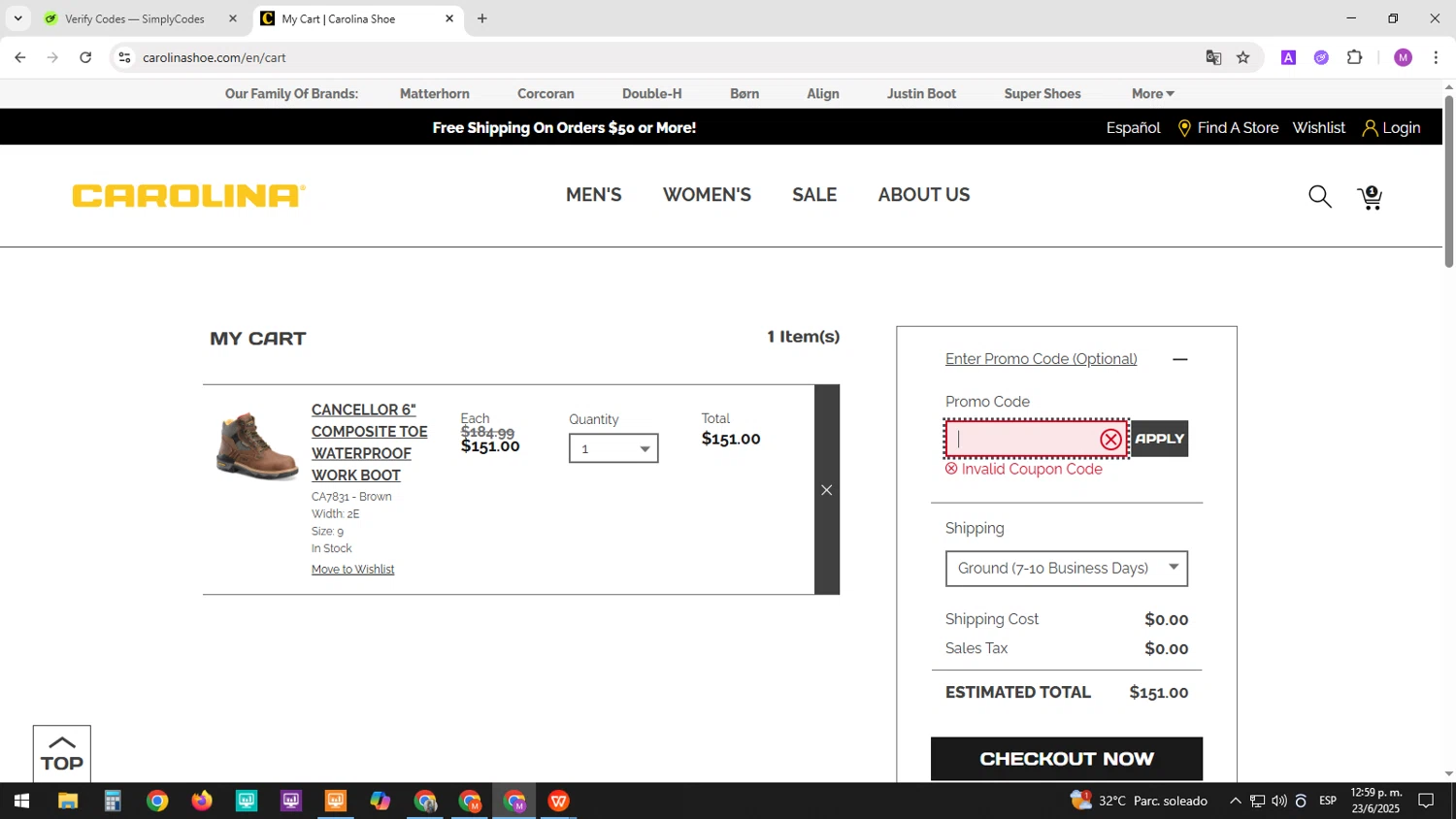 Carolina Footwear promo code screenshot showing code JACKMAN20 applied at Carolina Footwear checkout page. Uploaded by SimplyCodes community member SavingsAce4782 on Jun 23, 2025