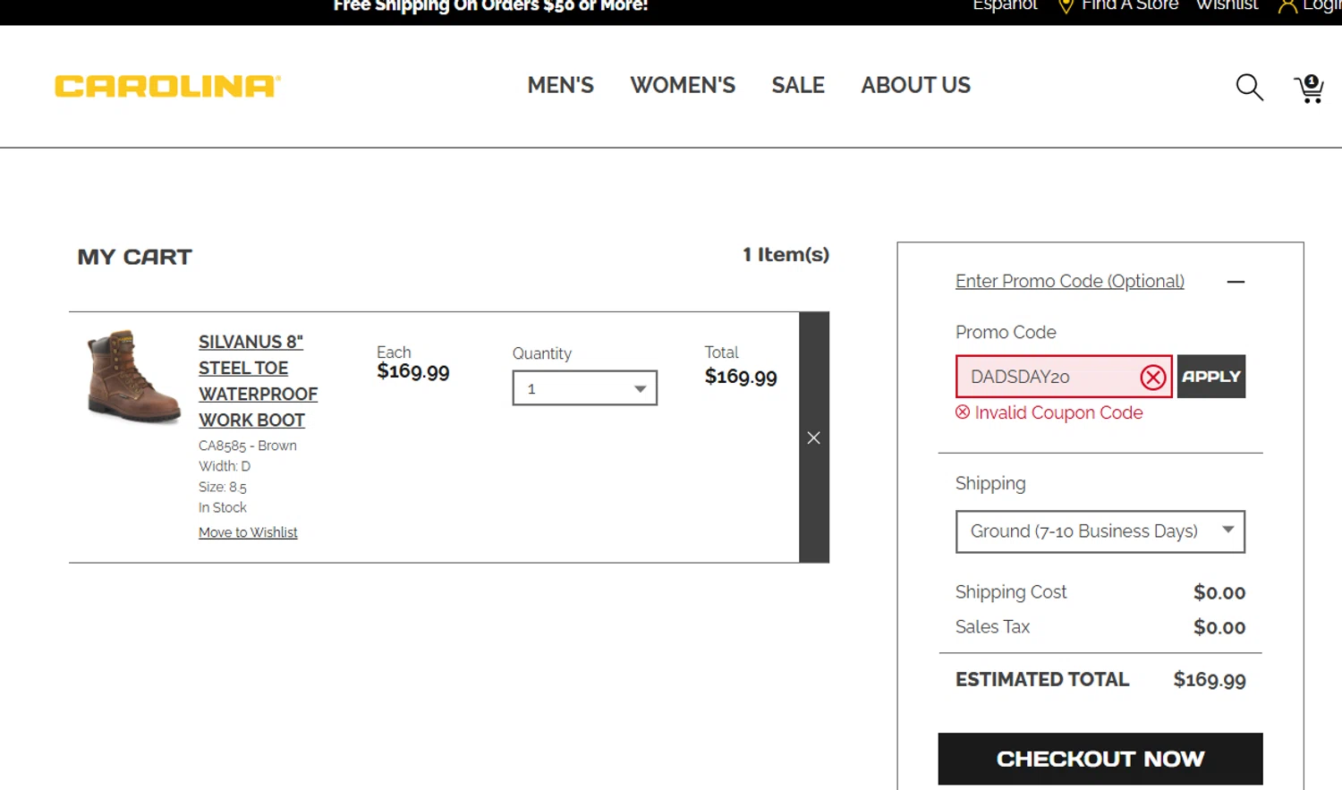 Carolina Footwear promo code screenshot showing code DADSDAY20 applied at Carolina Footwear checkout page. Uploaded by SimplyCodes community member MordeKaiser on Jun 23, 2025