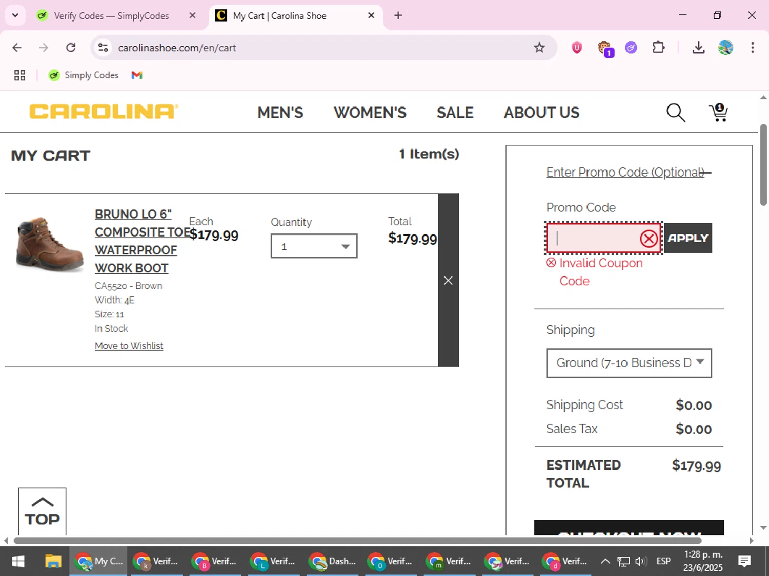 Carolina Footwear promo code screenshot showing code DADSDAY20 applied at Carolina Footwear checkout page. Uploaded by SimplyCodes community member ShrewdSpotter4101 on Jun 23, 2025