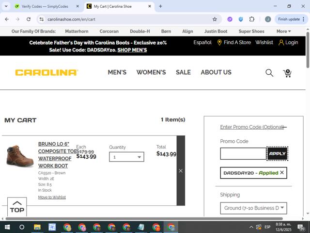 Carolina Footwear checkout page showing Carolina Footwear promo code box | Screenshot taken by SimplyCodes community member on Jun 12, 2025