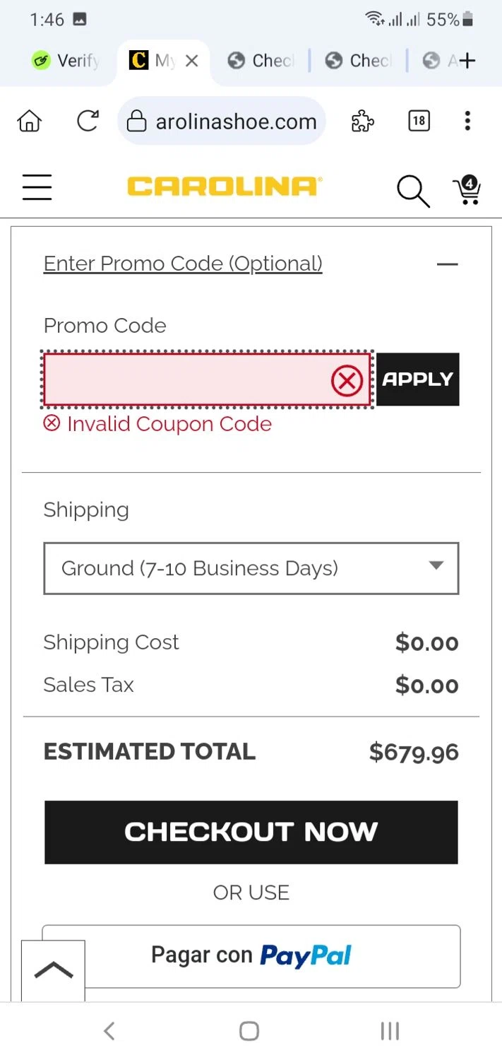 Carolina Footwear promo code screenshot showing code DADSDAY20 applied at Carolina Footwear checkout page. Uploaded by SimplyCodes community member menotychire on Jun 23, 2025