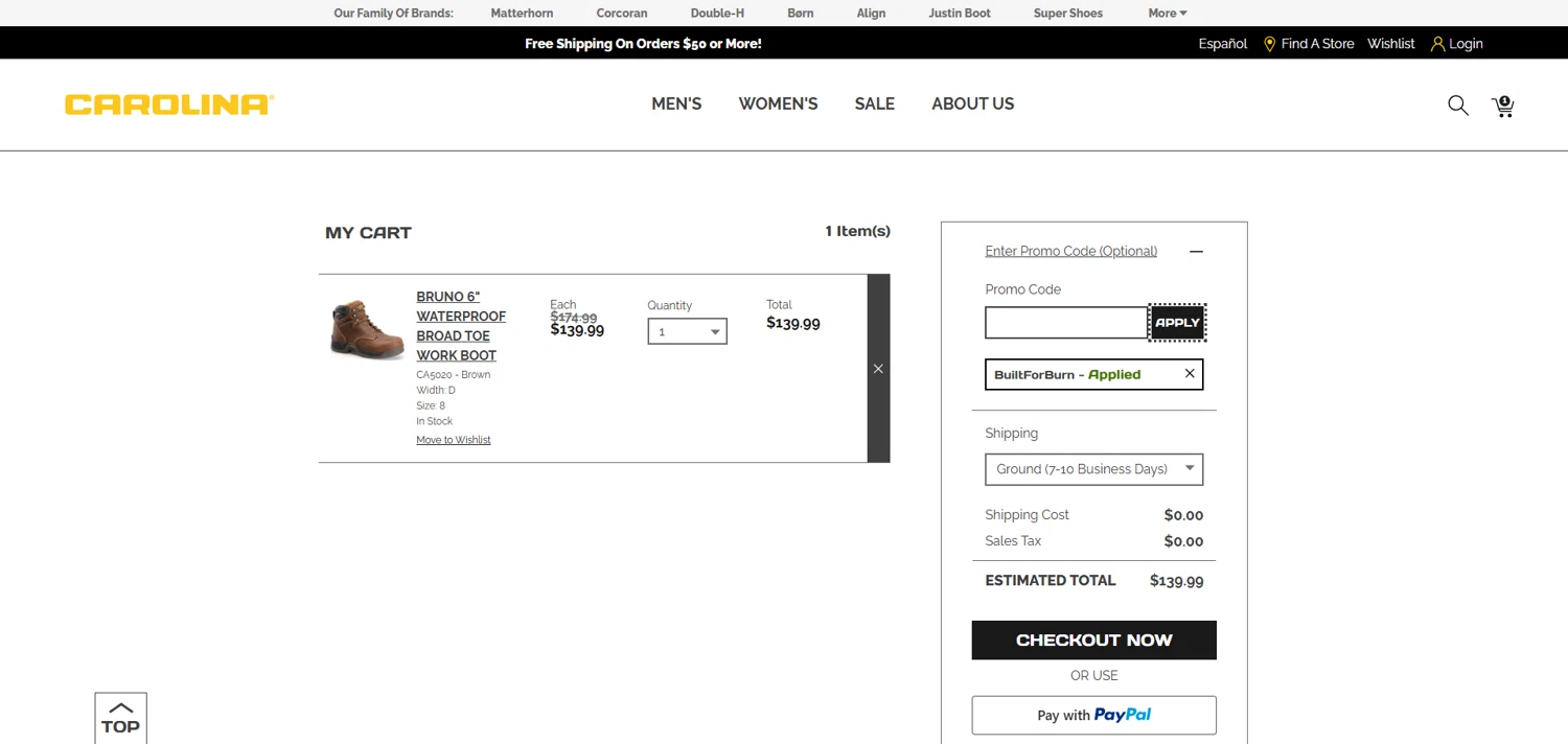 Carolina Footwear promo code screenshot showing code BuiltForBurn applied at Carolina Footwear checkout page. Uploaded by SimplyCodes community member ivantorres on May 28, 2025