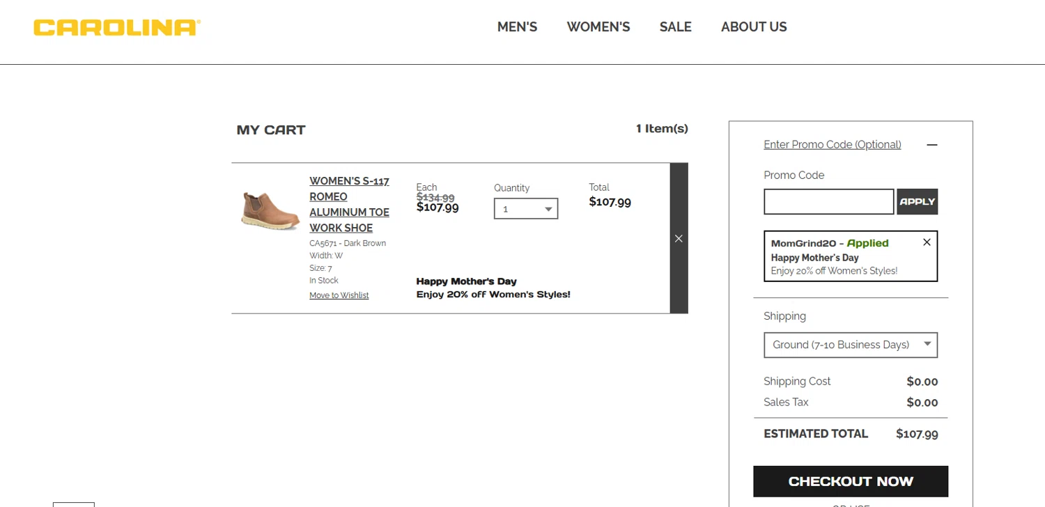 Carolina Footwear promo code screenshot showing code MOMGRIND20 applied at Carolina Footwear checkout page. Uploaded by SimplyCodes community member valeriaantonieta on May 4, 2025