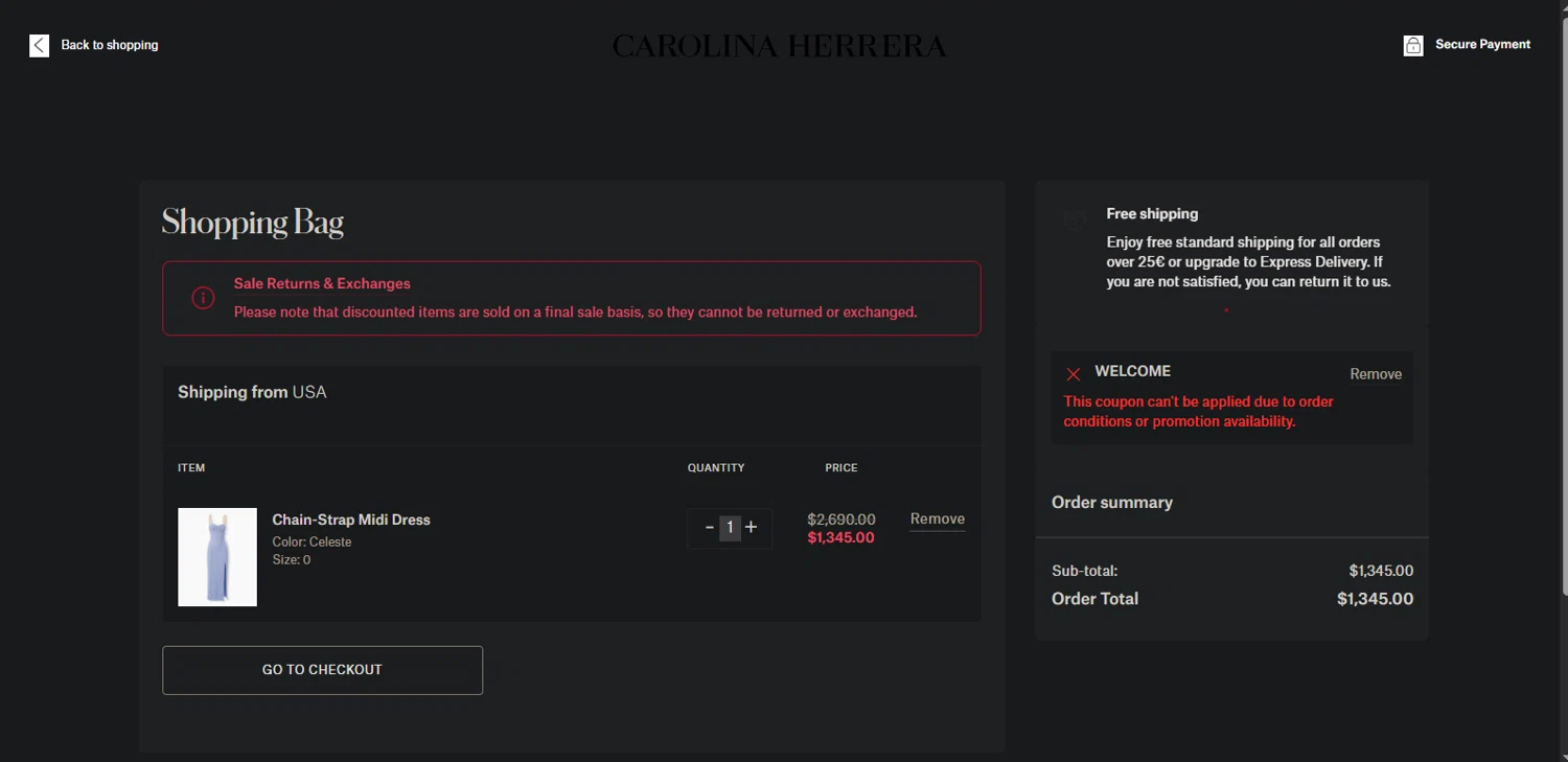 Carolina Herrera promo code screenshot showing code WELCOME applied at Carolina Herrera checkout page. Uploaded by SimplyCodes community member Nor_man on Jun 1, 2025
