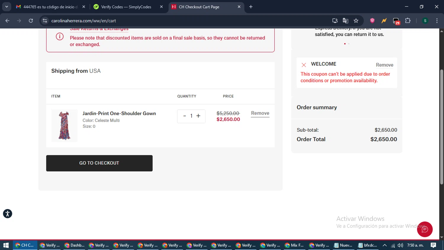 Carolina Herrera promo code screenshot showing code WELCOME applied at Carolina Herrera checkout page. Uploaded by SimplyCodes community member ShrewdAce7935 on Jun 1, 2025