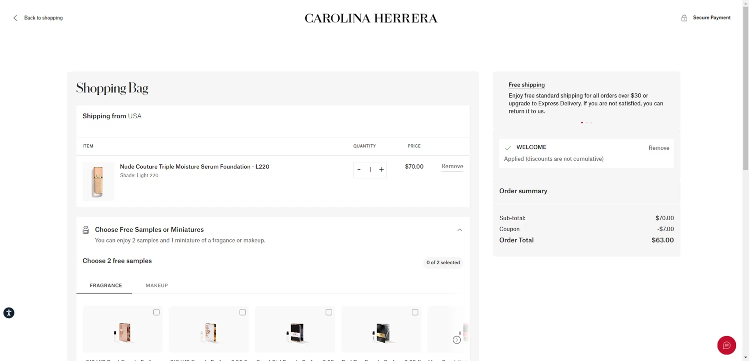 Carolina Herrera promo code screenshot showing code WELCOME applied at Carolina Herrera checkout page. Uploaded by SimplyCodes community member TreasureKnight4134 on Sep 2, 2025