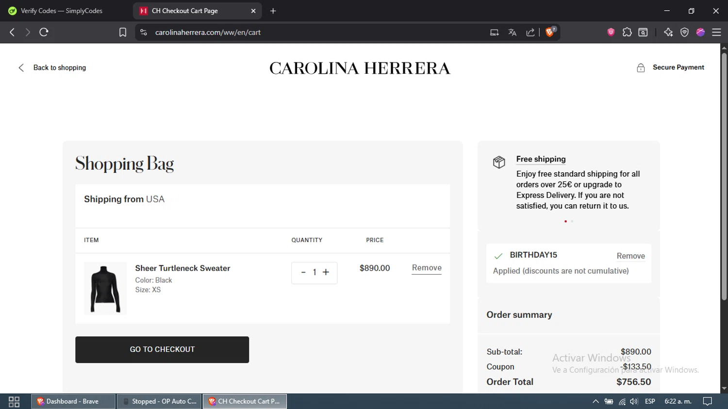 Carolina Herrera promo code screenshot showing code BIRTHDAY15 applied at Carolina Herrera checkout page. Uploaded by SimplyCodes community member DazzLL on Sep 15, 2025