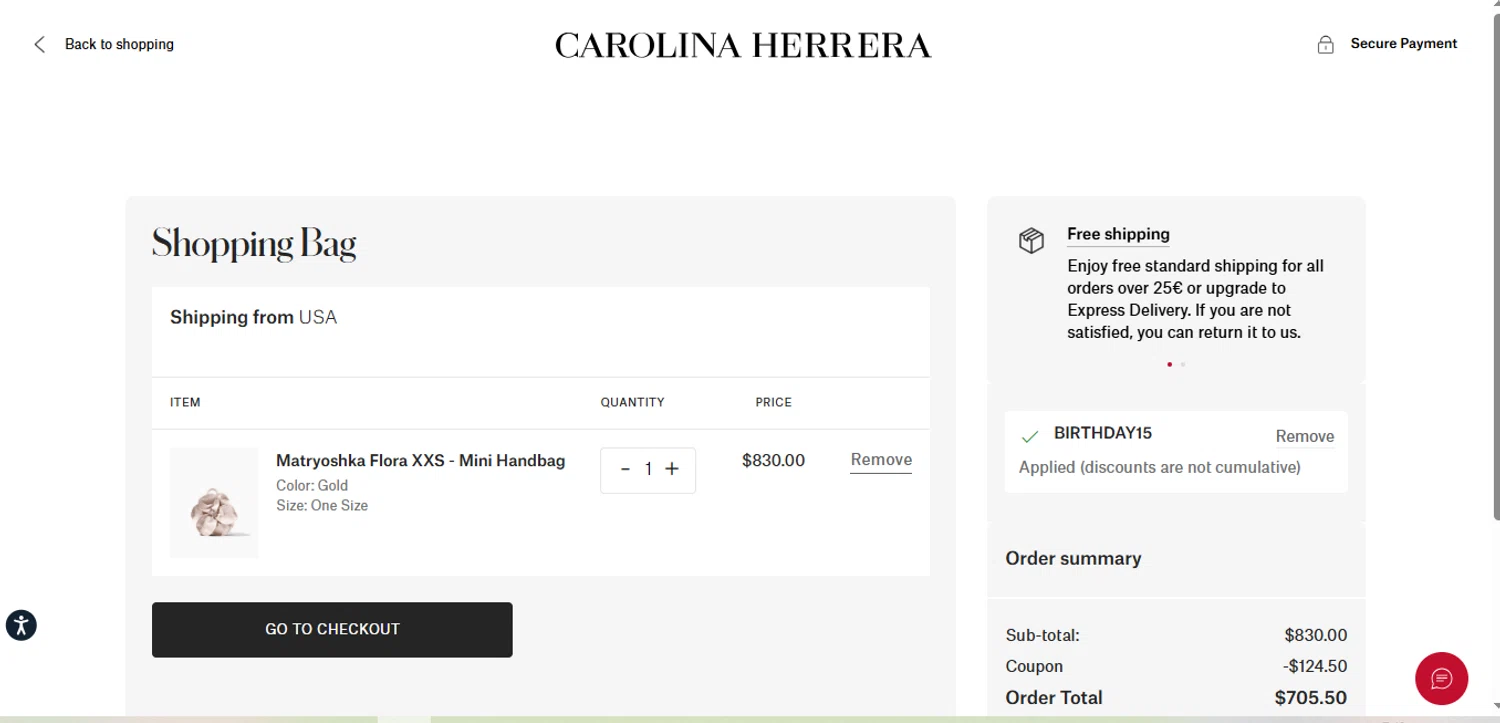 Carolina Herrera promo code screenshot showing code BIRTHDAY15 applied at Carolina Herrera checkout page. Uploaded by SimplyCodes community member negrita on Jun 1, 2025