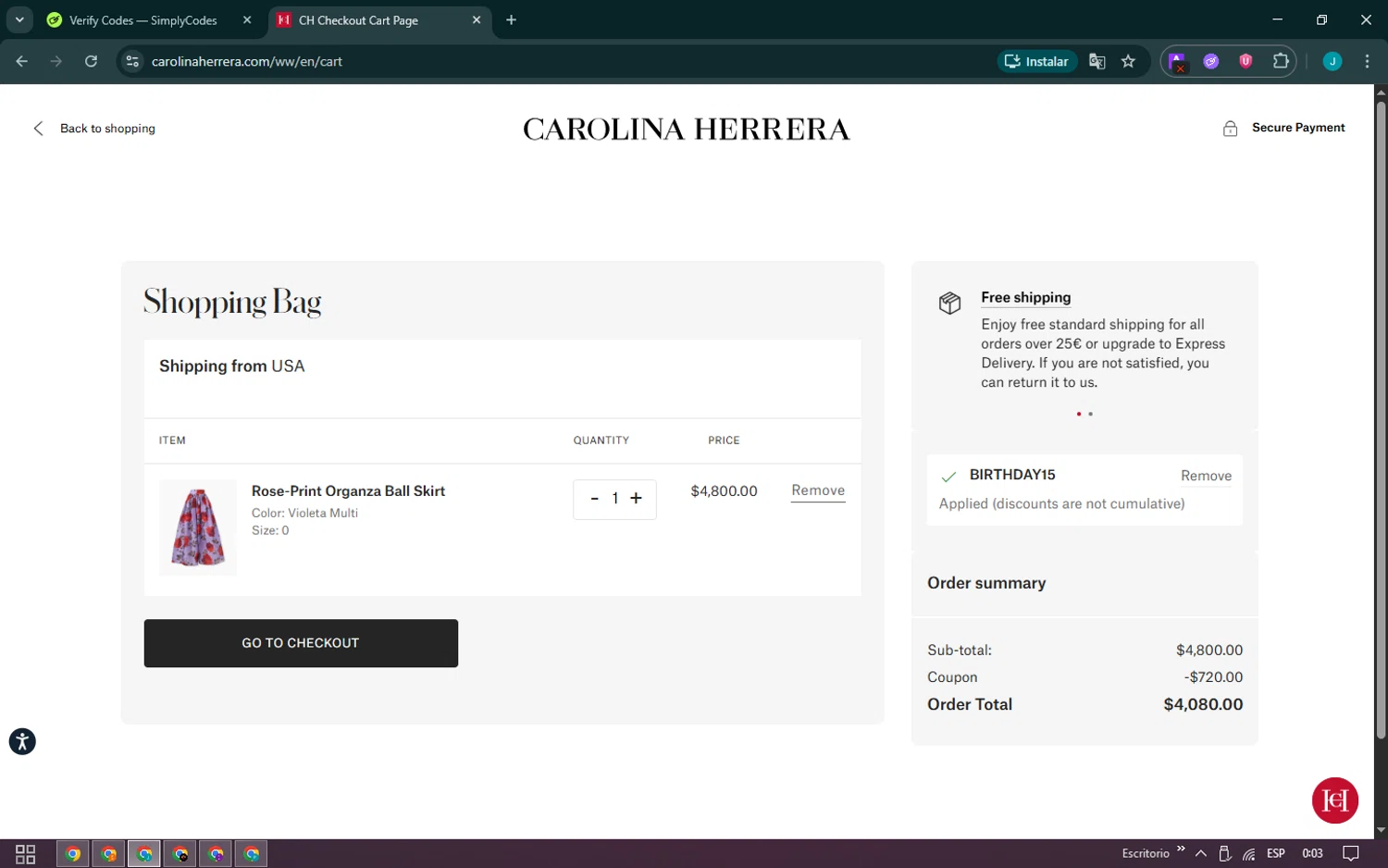 Carolina Herrera checkout page showing Carolina Herrera promo code box | Screenshot taken by SimplyCodes community member on Feb 26, 2026