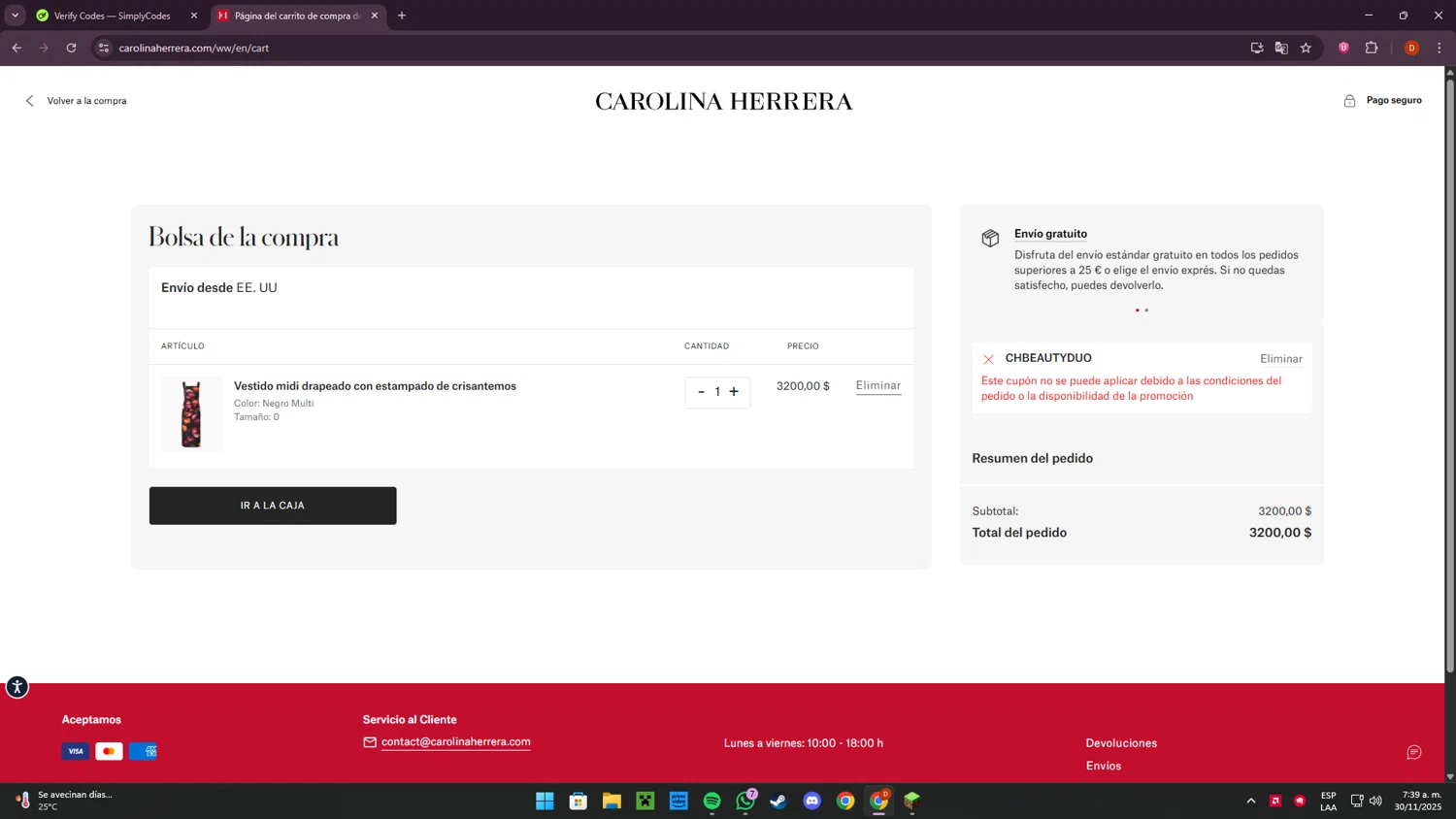 Carolina Herrera promo code screenshot showing code CHBEAUTYDUO applied at Carolina Herrera checkout page. Uploaded by SimplyCodes community member Corleone on Nov 30, 2025