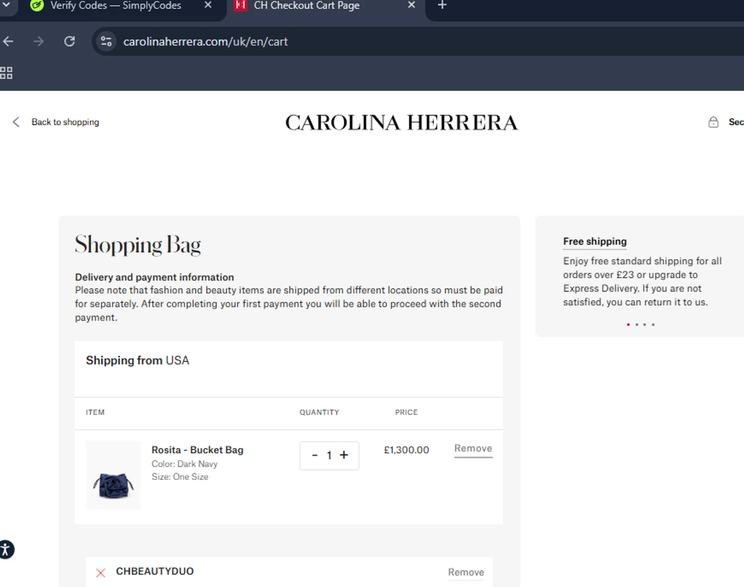 Carolina Herrera promo code screenshot showing code CHBEAUTYDUO applied at Carolina Herrera checkout page. Uploaded by SimplyCodes community member DiscountHero6788 on Dec 14, 2025