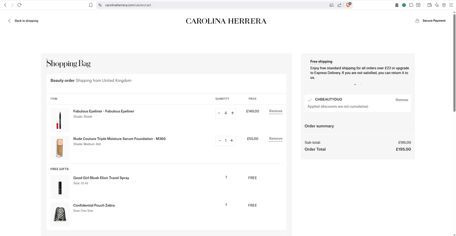 Carolina Herrera promo code screenshot showing code CHBEAUTYDUO applied at Carolina Herrera checkout page. Uploaded by SimplyCodes community member dayselis15 on Sep 4, 2025
