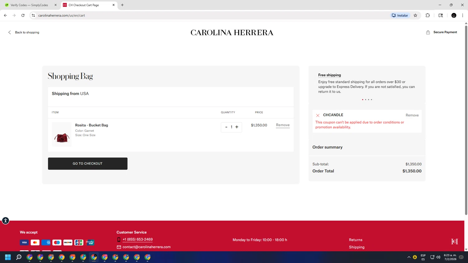 Carolina Herrera checkout page showing Carolina Herrera promo code box | Screenshot taken by SimplyCodes community member on Feb 7, 2026