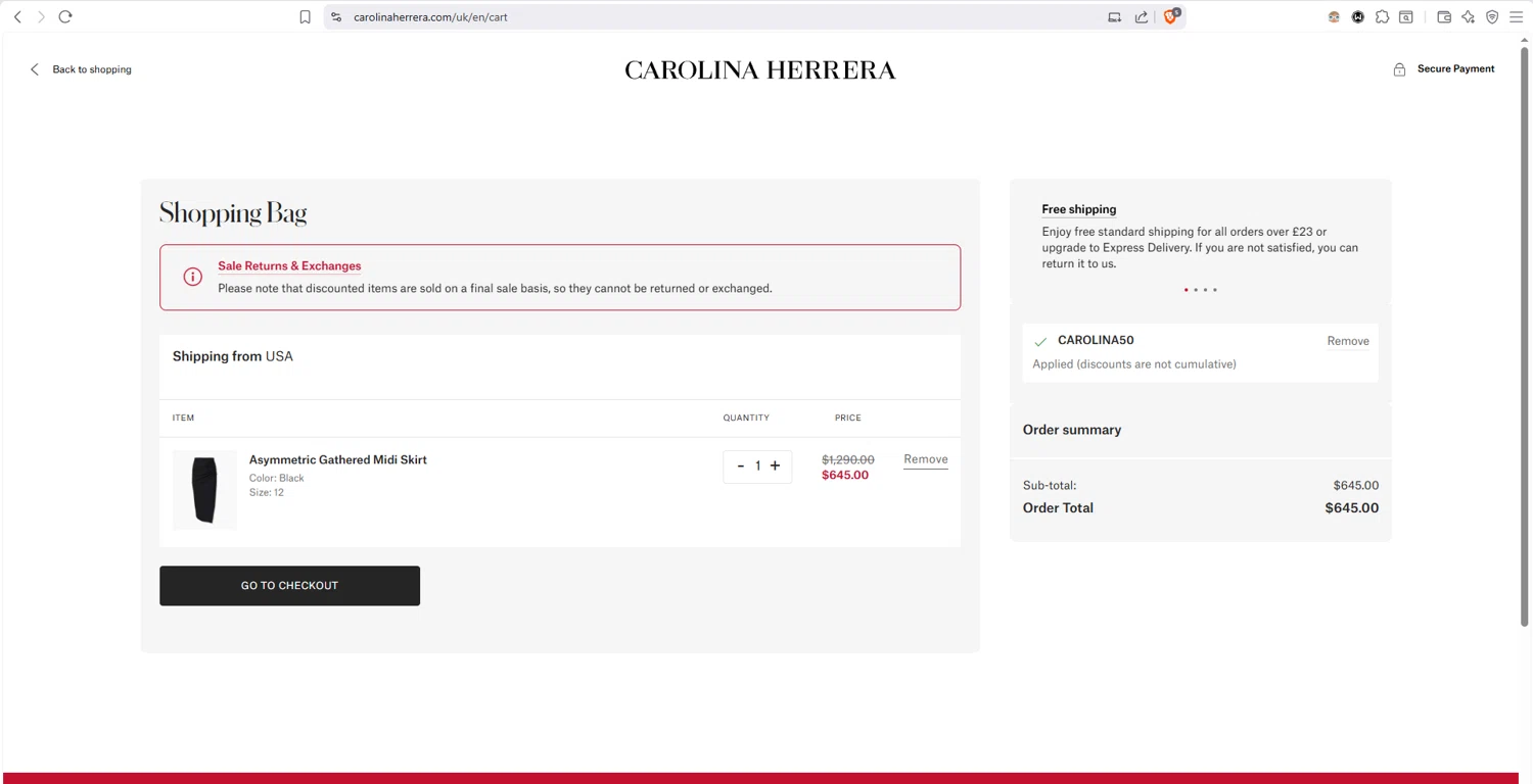 Carolina Herrera checkout page showing Carolina Herrera promo code box | Screenshot taken by SimplyCodes community member on Jan 27, 2026
