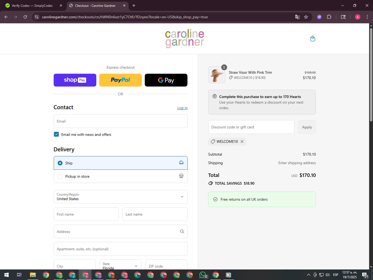 Caroline Gardner promo code screenshot showing code WELCOME10 applied at Caroline Gardner checkout page. Uploaded by SimplyCodes community member CrownHawk3462 on Jul 19, 2025