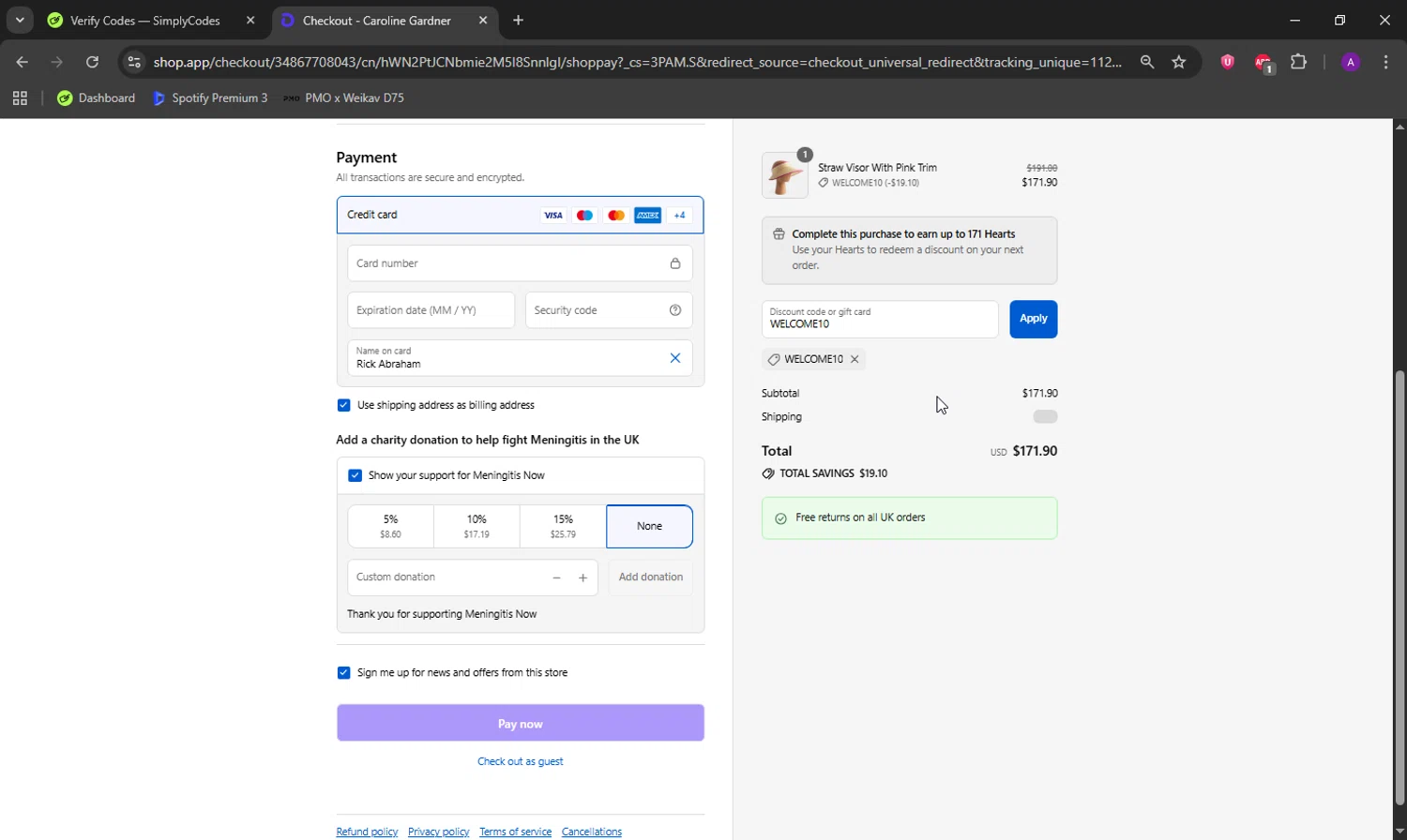 Caroline Gardner promo code screenshot showing code WELCOME10 applied at Caroline Gardner checkout page. Uploaded by SimplyCodes community member DeathBone on Aug 31, 2025