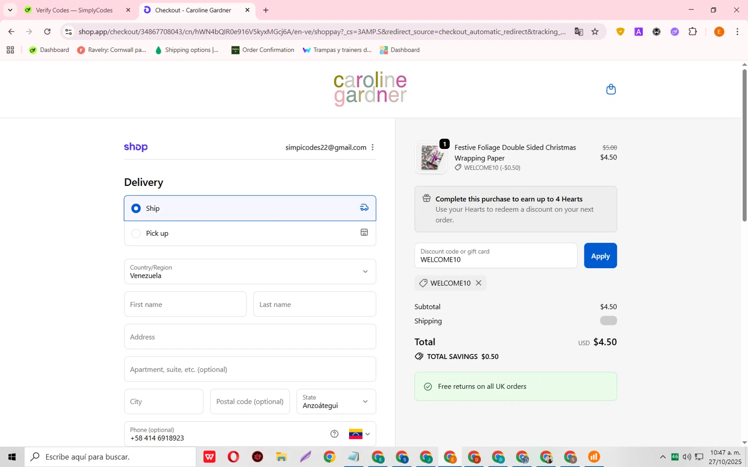 Caroline Gardner promo code screenshot showing code WELCOME10 applied at Caroline Gardner checkout page. Uploaded by SimplyCodes community member RewardFalcon3197 on Oct 27, 2025