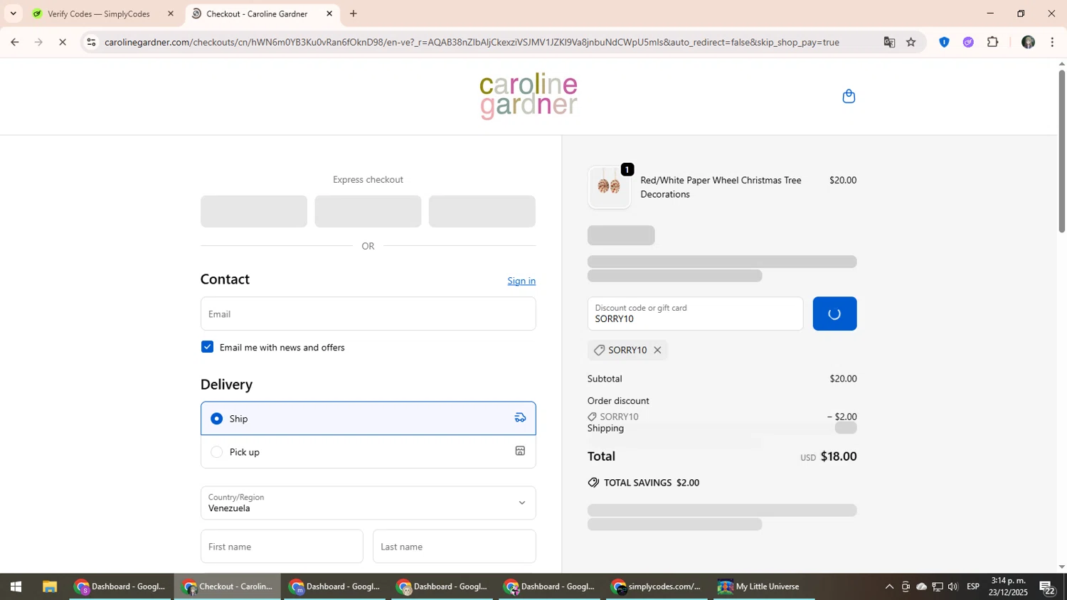 Caroline Gardner promo code screenshot showing code SORRY10 applied at Caroline Gardner checkout page. Uploaded by SimplyCodes community member CleverLynx6871 on Dec 23, 2025
