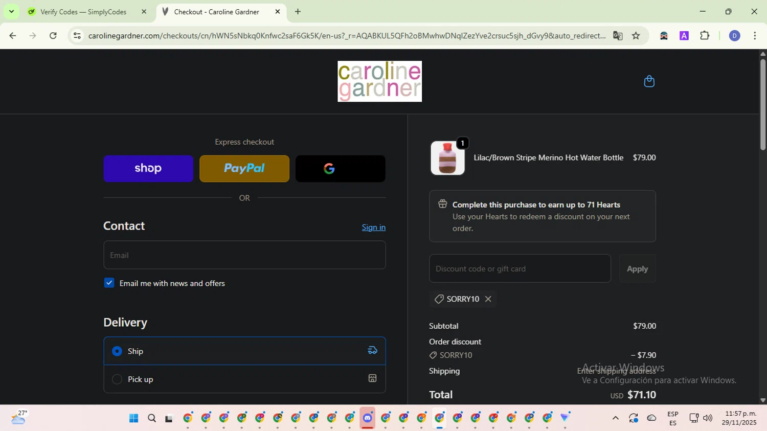 Caroline Gardner promo code screenshot showing code SORRY10 applied at Caroline Gardner checkout page. Uploaded by SimplyCodes community member VoucherTitan8325 on Nov 30, 2025