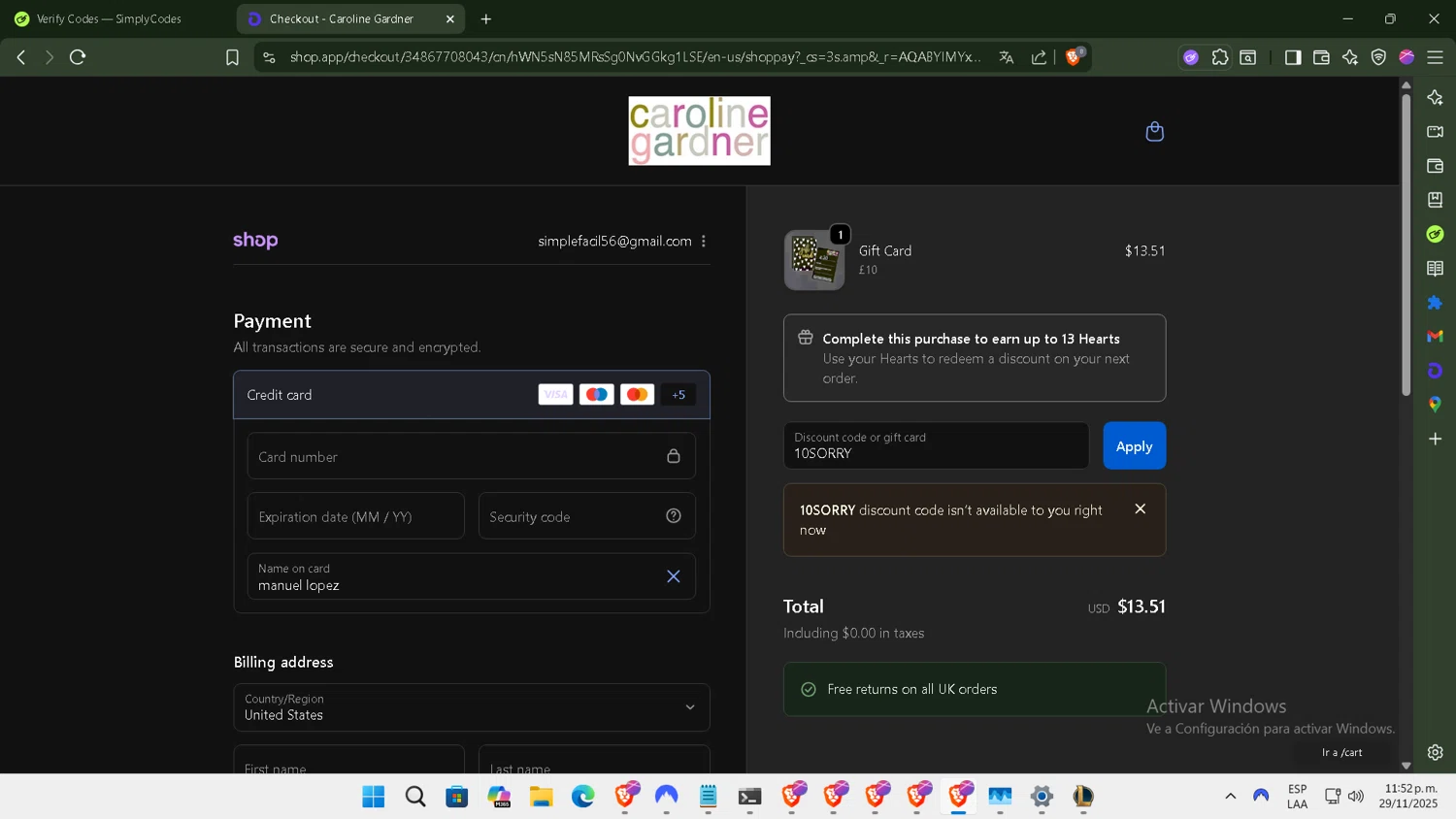 Caroline Gardner promo code screenshot showing code 10SORRY applied at Caroline Gardner checkout page. Uploaded by SimplyCodes community member ArtPOPO on Nov 30, 2025