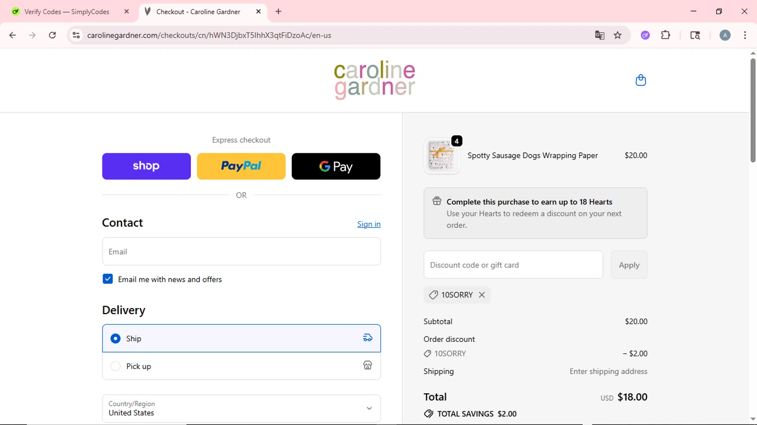 Caroline Gardner promo code screenshot showing code 10SORRY applied at Caroline Gardner checkout page. Uploaded by SimplyCodes community member CrownSpotter6947 on Sep 21, 2025