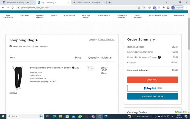 Carol Wright Gifts checkout page showing Carol Wright Gifts coupon code box | Screenshot taken by SimplyCodes community member on Apr 3, 2023