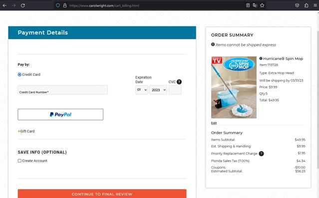 Carol Wright Gifts checkout page showing Carol Wright Gifts coupon code box | Screenshot taken by SimplyCodes community member on Mar 5, 2023
