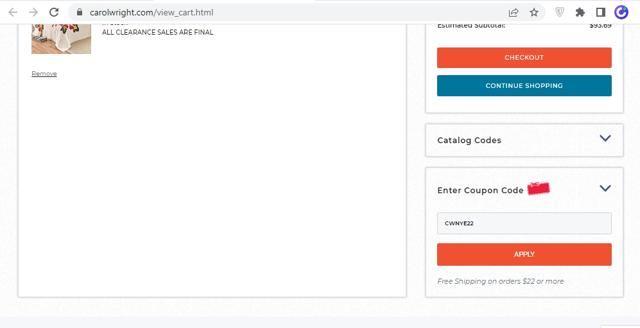 Carol Wright Gifts checkout page showing Carol Wright Gifts coupon code box | Screenshot taken by SimplyCodes community member on Dec 30, 2022